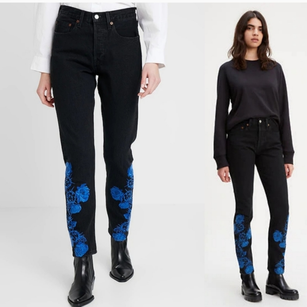 Levis 501 High Rise Black Floral Embroidered Jean